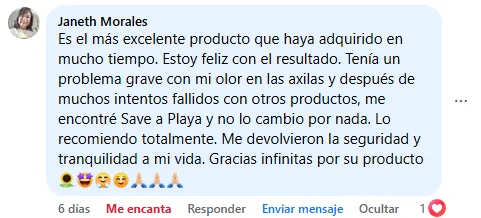 Janeth Morales: tenía un problema grave de olor en las axilas y muchos intentos fallidos; con Save a Playa recuperó la seguridad y la tranquilidad, y no lo cambia por nada.