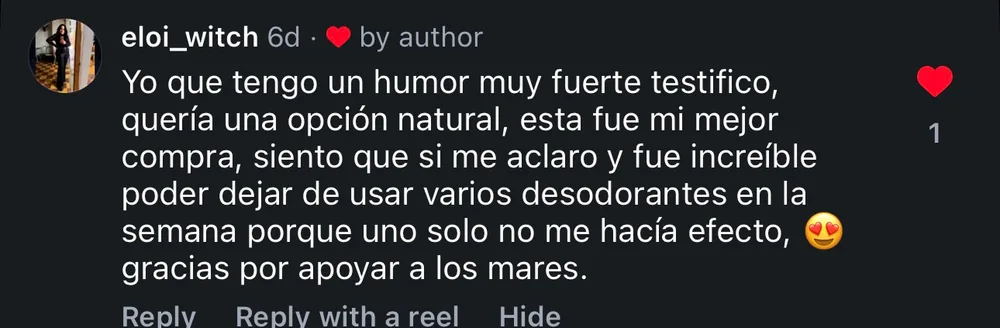 @eloi_witch: tiene un olor muy fuerte y buscaba una opción natural; fue su mejor compra y le aclaró la axila.