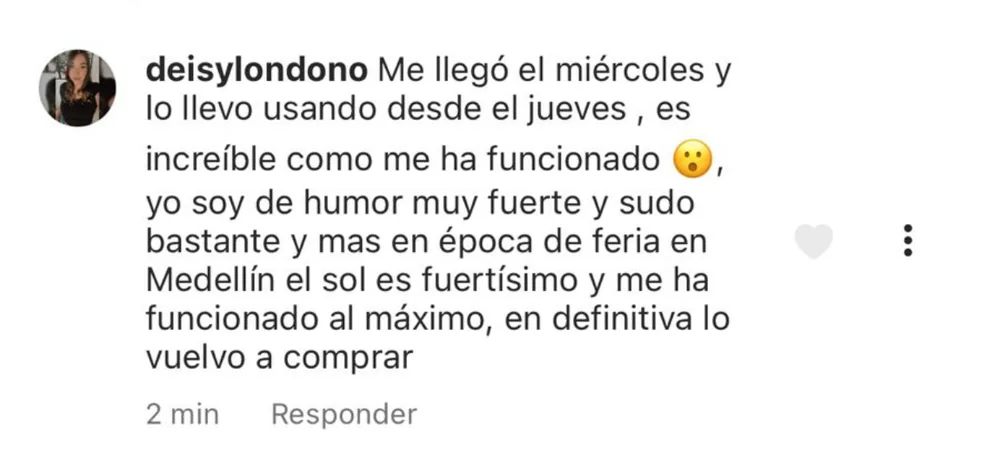 @deisylondono: suda bastante y, en plena feria de Medellín con un sol fuertísimo, le funcionó al máximo; vuelve a comprar.