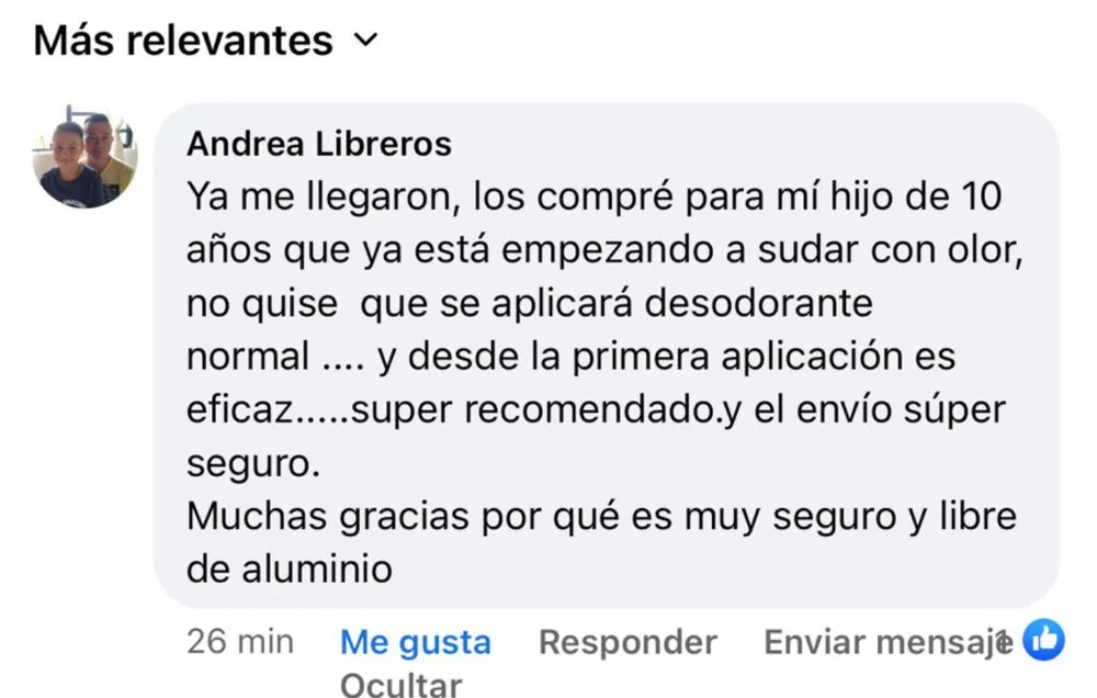 Andrea Libreros: lo compró para su hijo de 10 años, que empezaba a sudar con olor; eficaz desde la primera aplicación y libre de aluminio.