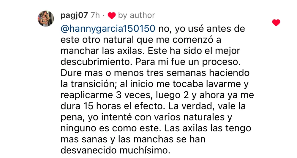 @pagj07: tras una transición de unas tres semanas, ahora le dura 15 horas; sus axilas están más sanas y las manchas se desvanecieron.
