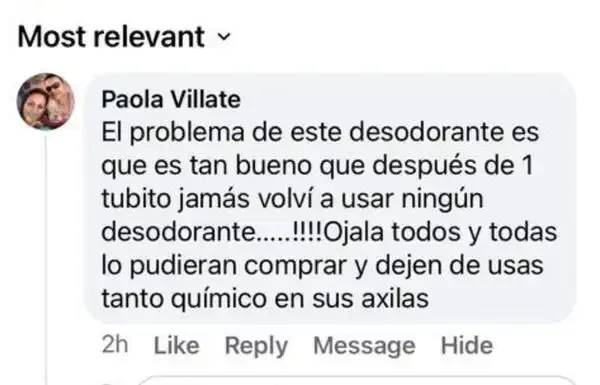 Paola Villate: es tan bueno que después de un tubito jamás volvió a usar ningún otro desodorante.