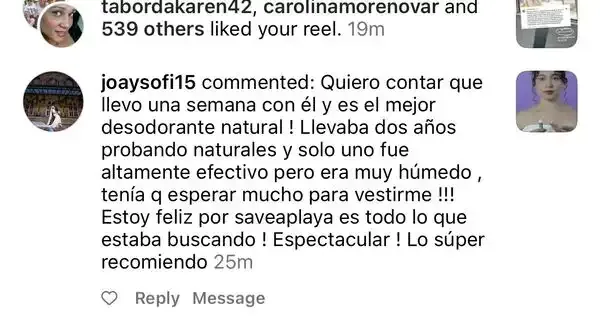 @joaysofi15: llevaba dos años probando desodorantes naturales; Save a Playa es lo que buscaba.