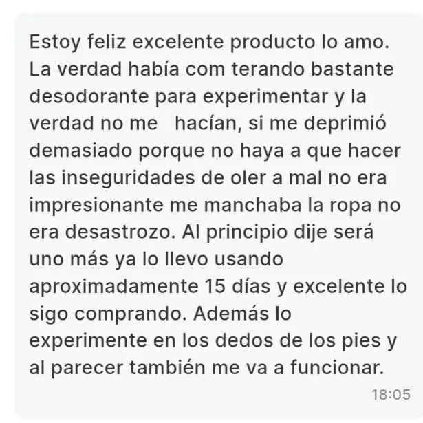 Mensaje de WhatsApp: ningún desodorante le funcionaba y la inseguridad de oler mal la deprimía; lleva 15 días usándolo y lo sigue comprando.